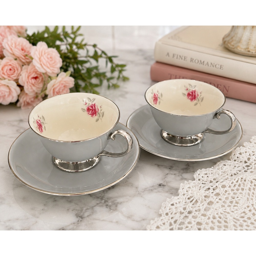 Vintage Flintridge Tecup Set Gray Pink Rose‎ Saucer Platinum Trim MCM China Pair